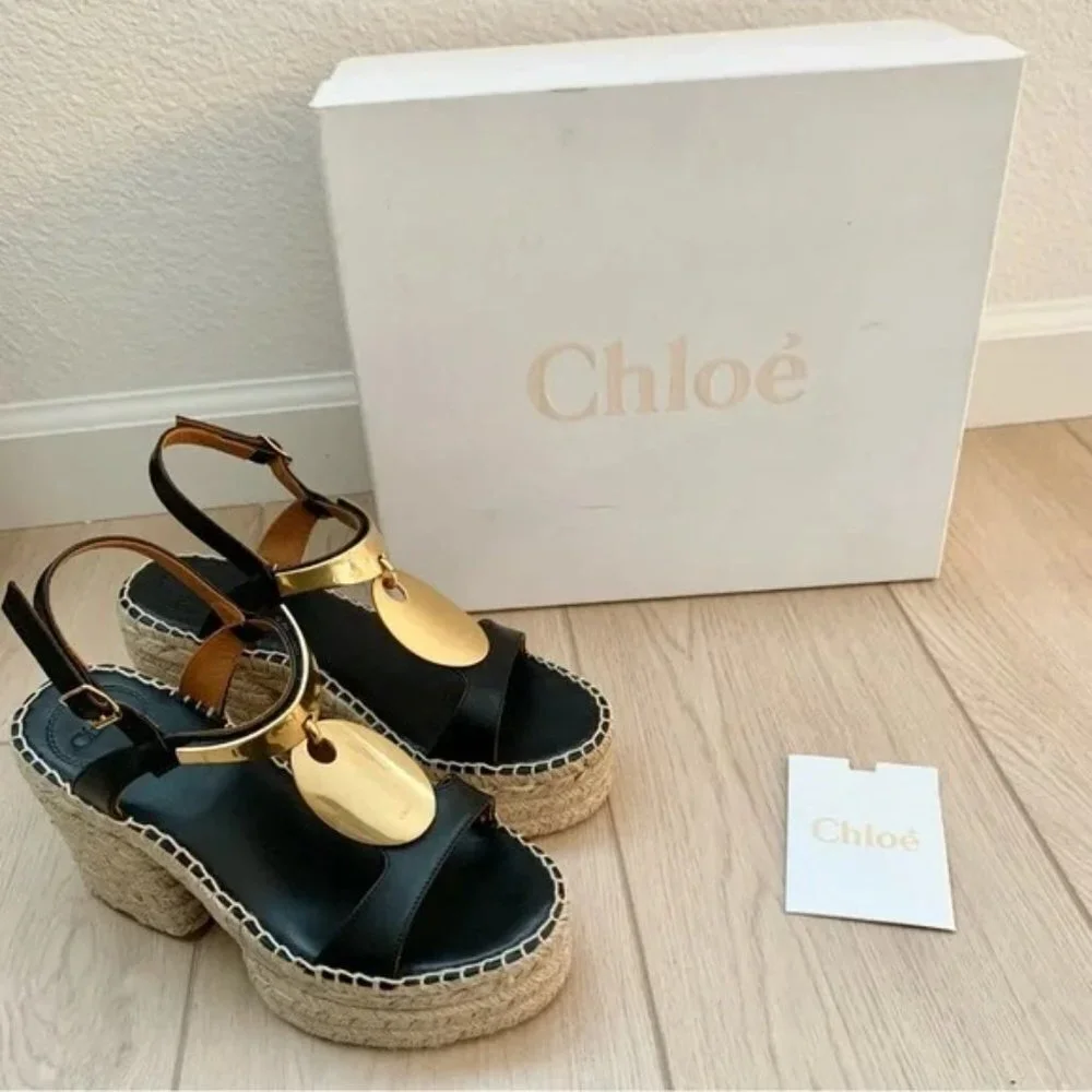 🌟 CHLOE Pema Black Leather Gold Medallion Espadrille Heeled Platform Sandals